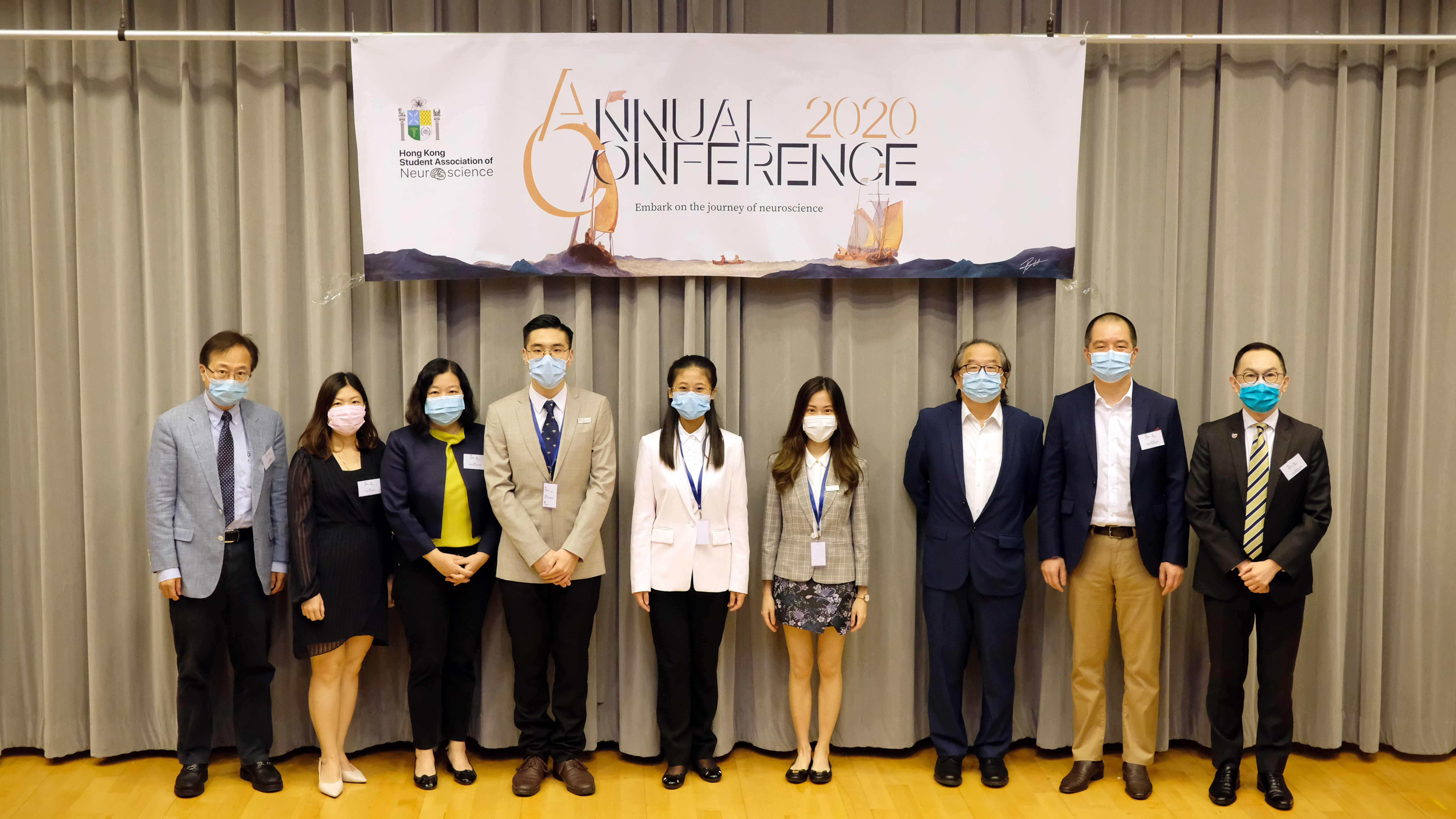 Queenie Wong (5th from the left) and speakers of the first Annual Conference hosted by the Hong Kong Student Association of Neuroscience.